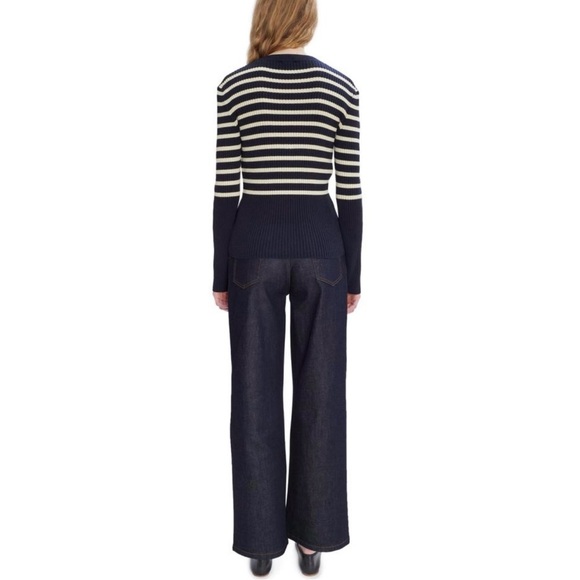 A.P.C. Women's V-Neck Sweater in Dark Navy and Ecru Stripes - Picture 4 of 10